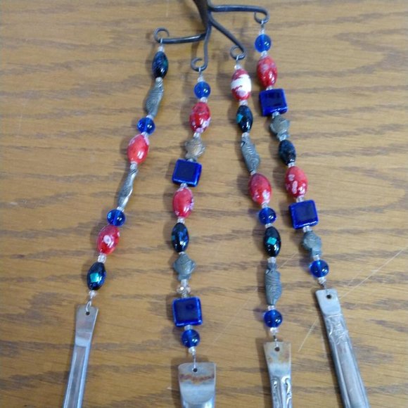 Beaded Blue/Red and Fish Beads Upcycled Recycled Silverware Windchime - Picture 1 of 6